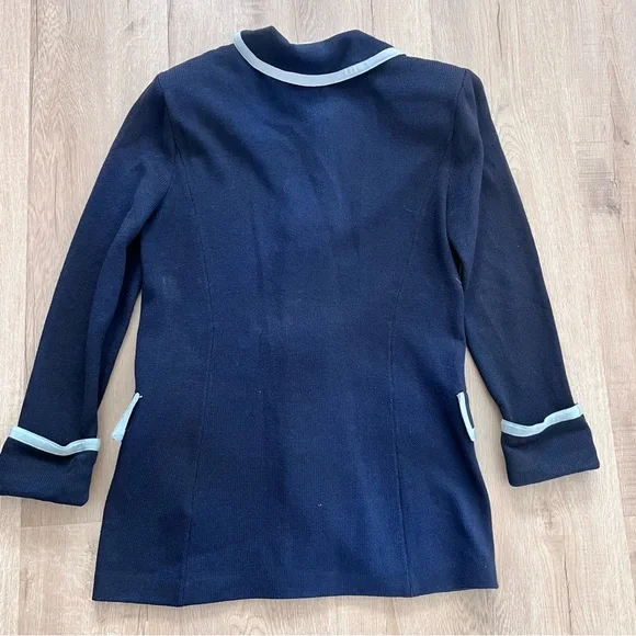 St. John Knits Classic Santana Knit Jacket Blazer‎ Navy Light Blue Trim Size L